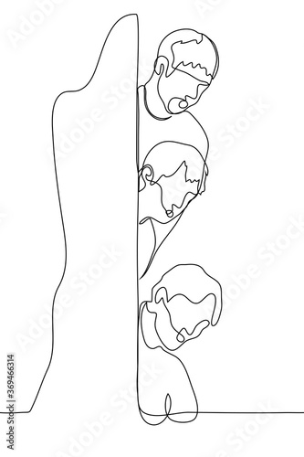 three men with open mouths peep out from behind a corner. One continuous line art three friends / passers-by eavesdrop on scandalous news / gossip / confidential information. Observers, gossips,