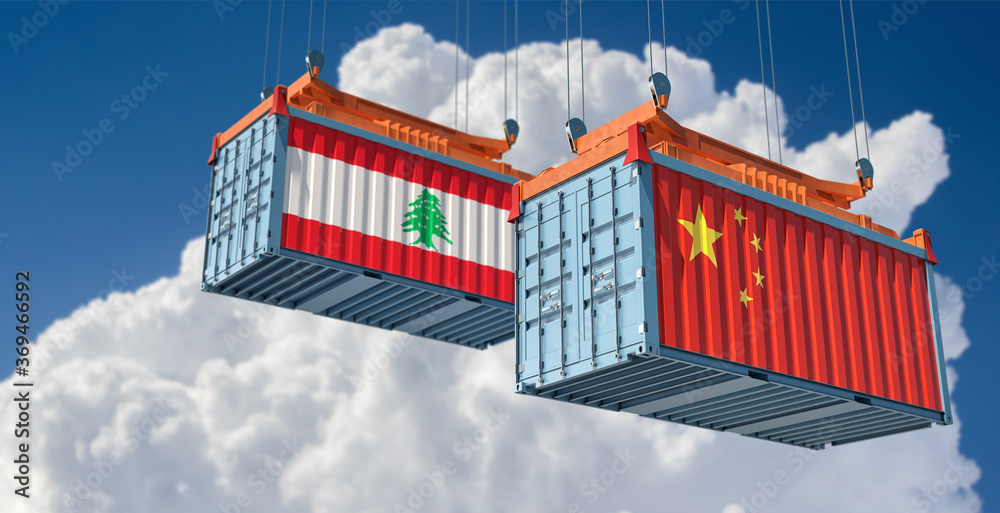 Freight containers with China and Lebanon flag. 3D Rendering 