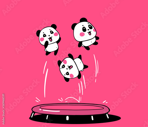 Vector illustration of lovely cartoon pandas jump on a trampoline on pink background. Happy cute pandas fly high in the air.