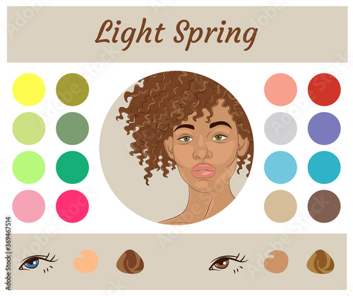 Stock vector seasonal color analysis palette for light spring. Best colors for light spring type of female appearance. Face of young african american woman
