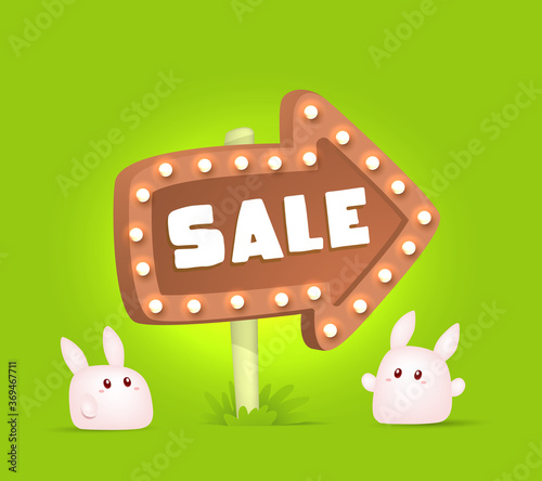 Vector illustration of lovely cartoon bunny with big arrow pointer sale on green grass background. Day of sale and happy cute rabbits.