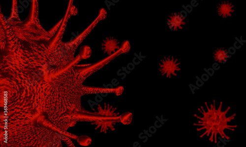 Model for Coronavirus Covid-19 outbreak and coronaviruses influenza concept on a black background as dangerous flu strain cases as a pandemic medical health risk with disease cell as a 3D render