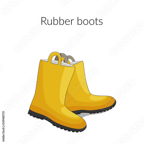 Pair of cute yellow rubber boots on white background stock vector illustration.