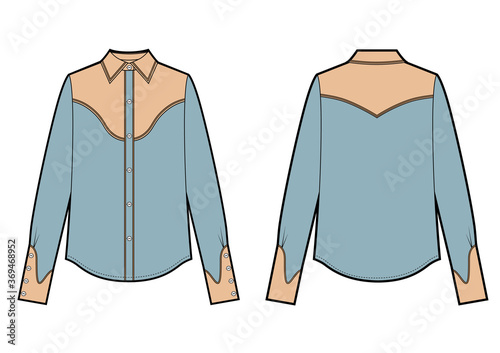 Long sleeve cowboy shirt, fashion flat sketch template
