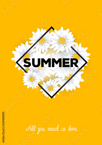 Vector illustration with many beautiful flower chamomile in line frame with text. Lovely summer white flowers on yellow background.