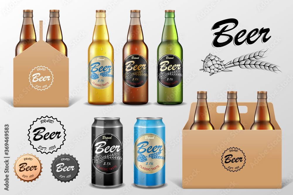 Realistic set of glass Beer bottle in packaging box on transparent background. Beer template and Tin Can Mockup for restaurant or Bar Branding. Vector illustration. - obrazy, fototapety, plakaty 