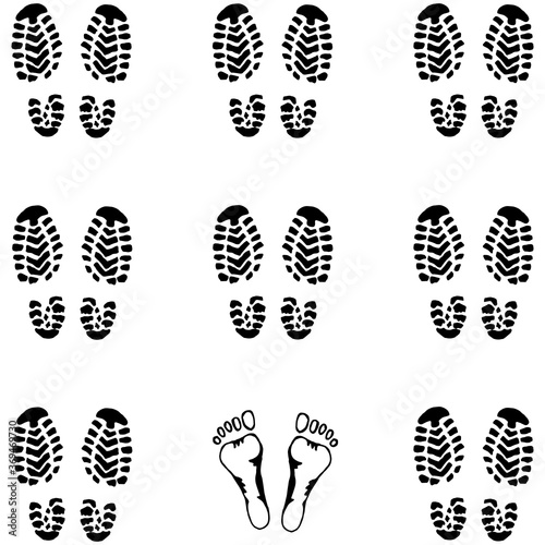 Background of the sole of men's shoes. Hand drawn  print shoes and bare feet. Doodle formation of soldiers.