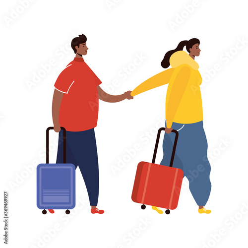 interracial couple travelers with suitcases avatars characters
