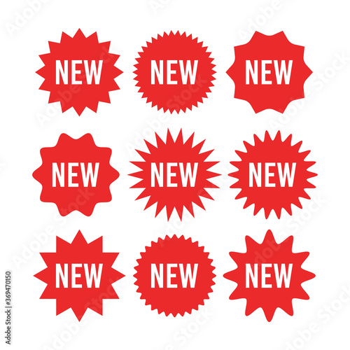 Red starburst sticker with new sign set - circle sun and star burst badges and labels with text about new product.
