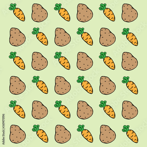 Hand drawn potatoes and carrots. Potatoes and carrots seamless pattern. Vector illustration of a seamless pattern of vegetables.