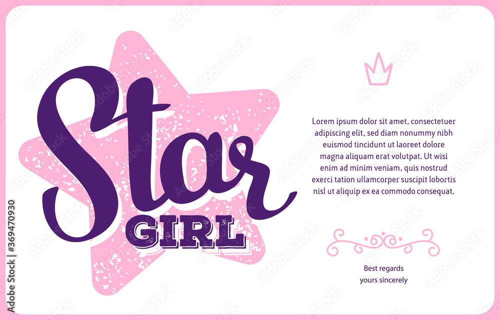 Naklejka premium Vector beautiful card template with big pink color star and calligraphic inscription, text on white background with frame.