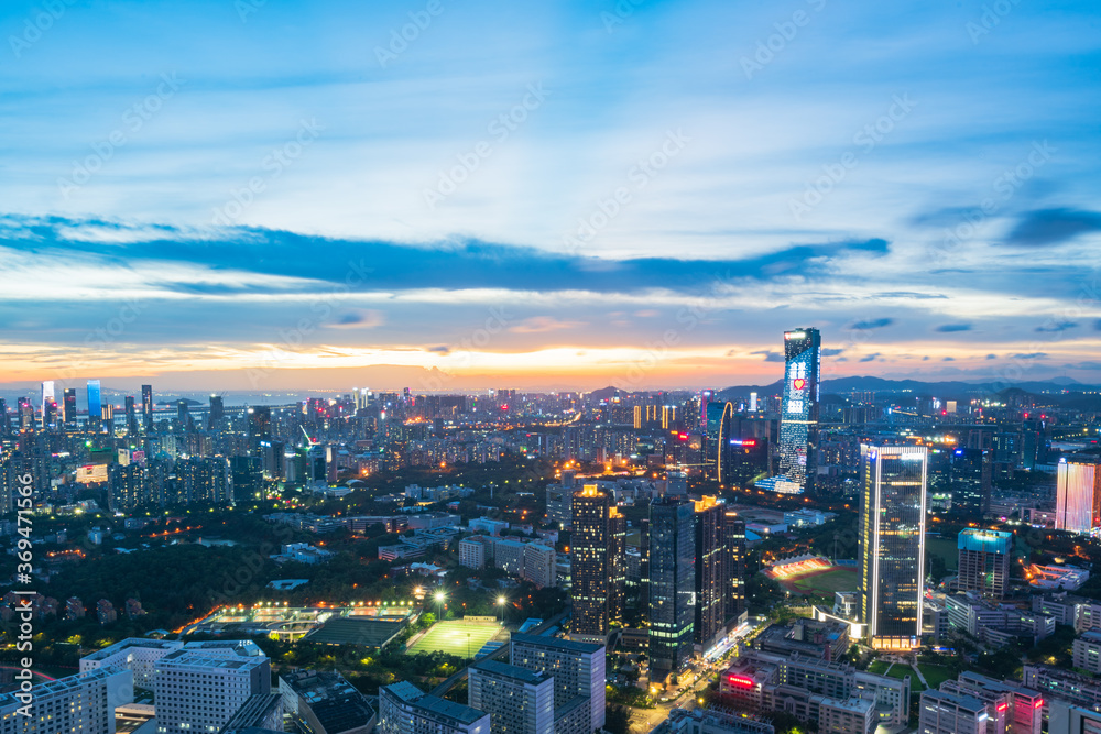 The city skyline at sunset in Nanshan Science and Technology Park, Shenzhen, China