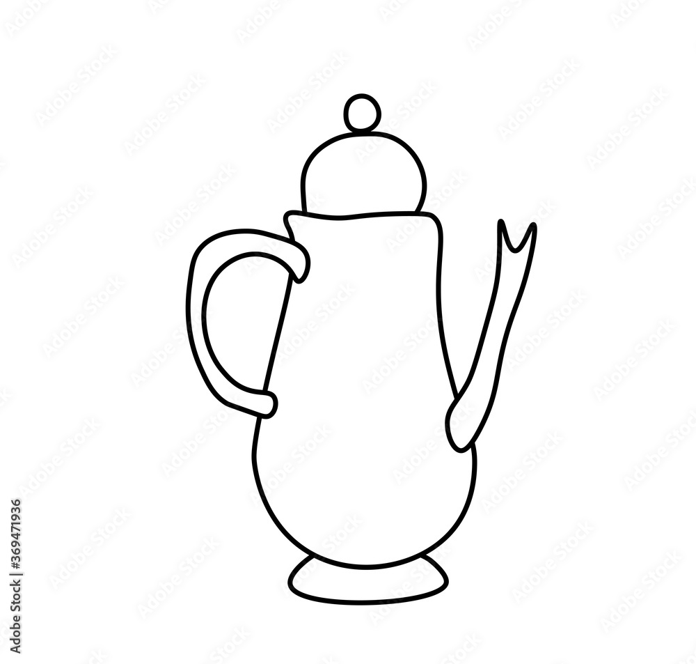 Vector teapot with a black line. Simple food and cooking illustration in doodle style on a white isolated background hand drawn. Design for social networks,web,advertising,banners,menus,recipes. Vector teapot with a black line. Simple food and cooking illustration in doodle style on a white isolated background hand drawn. Design for social networks,web,advertising,banners,menus,recipes.