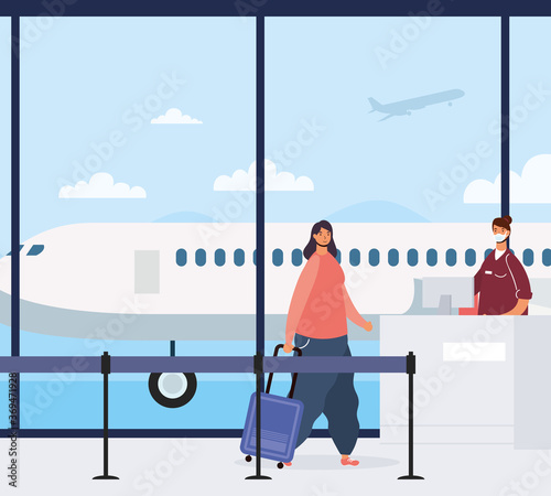 young woman traveler with suitcase avatar character