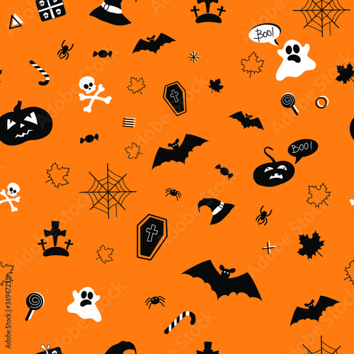 Halloween pattern with endless background with pumpkins, skulls, bats, spiders, ghosts, bones, candies, spider web and speech bubble with boo