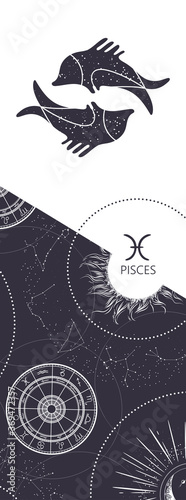 Zodiac background. Constellation Pisces. Antique style. Vertical banner.