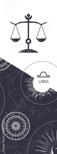 Zodiac background. Constellation Libra. Antique style. Vertical banner.