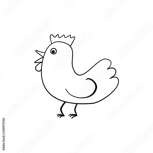 Simple childish outline drawing of chicken, hen bird animal. Coloring book element.