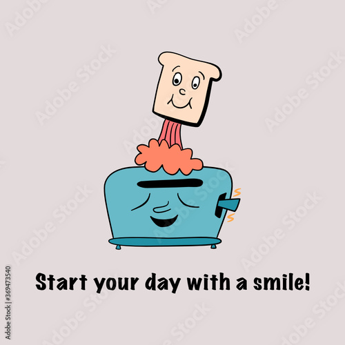 Cute toast jumping from a happy toaster. Start your day with a smile! Funny good morning doodle. Hand drawn illustration.