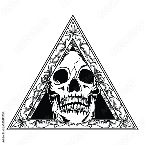 tattoo and t-shirt design black and white hand drawn skull triangle engraving ornament premium vector