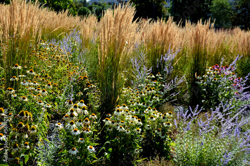 perennial beds mulched with dark stone gravel with a predominance of ornamental grasses