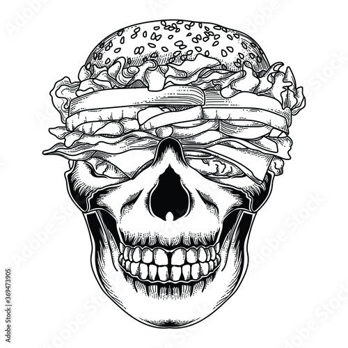 tattoo and t-shirt design black and white hand drawn burger skull premium vector