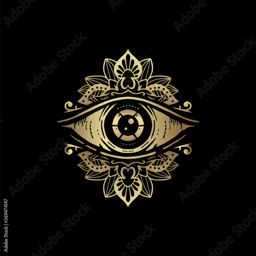 All seeing eye symbol with golden floral mandala ornament. Vision of Providence. Luxurious, alchemy, religion, spirituality, occultism, tattoo art, tarot reader. Isolated vector illustration .eps 10
