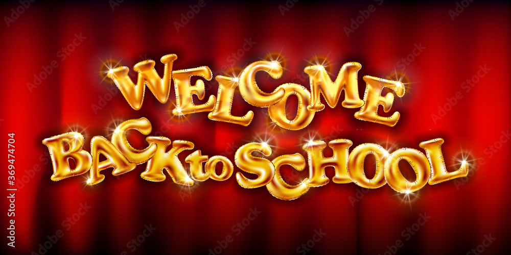 gold Welcome back to school red background golden flying balloons. elegant design - vector illustration of gold logo - perfect typography