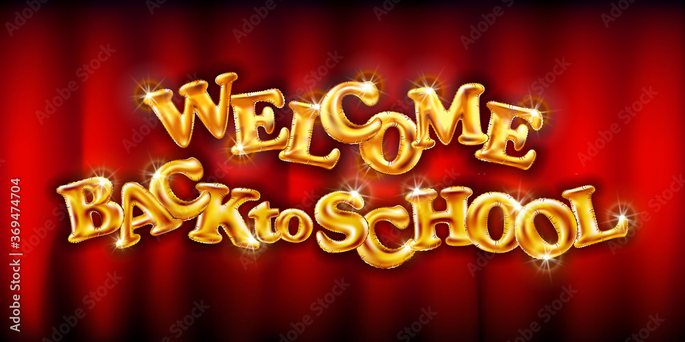 gold Welcome back to school red background golden flying balloons. elegant design - vector illustration of gold logo - perfect typography gold Welcome back to school red background golden flying balloons. elegant design - vector illustration of gold logo - perfect typography