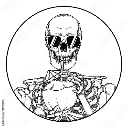 tattoo and t-shirt design black and white hand drawn skeleton with black glasses drink coconut drink premium vector