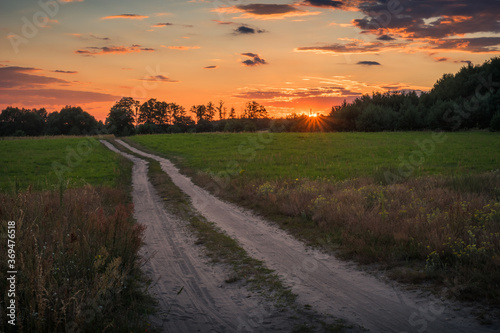 Obraz na płótnie Sunset over the gravel road in the Liwiec river valley near Siedlce, Masovia, Poland w salonie