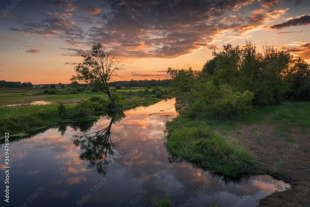 Sunset over the Liwiec river near Siedlce, Masovia, Poland