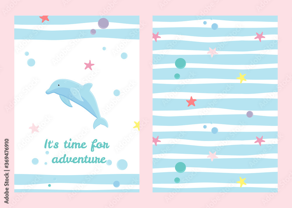 Vector illustration with cartoon dolphin and inscription It's Time For Adventure and striped seamless pattern. For birthday or party invitation and so print design for pajamas, nursery poster.