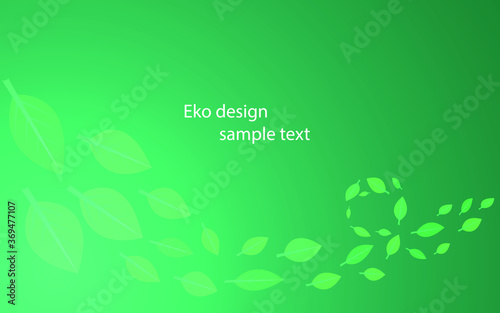 Background with ecological motif. Green leaves of different shades in a spiral form the lower frame of the picture. Green gradient background. Copy space.