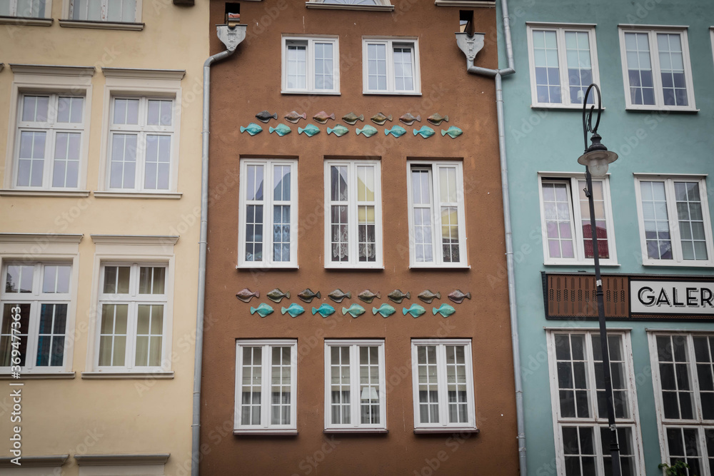 Gdansk, Poland, July 5, 2020. Renaissance style buildings and apartments in Gdansk along Dluga street. 