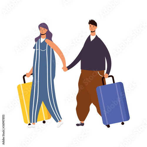 young couple travelers with suitcases avatars characters