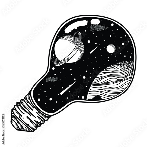 tattoo and t-shirt design black and white hand drawn space in bulb premium vector