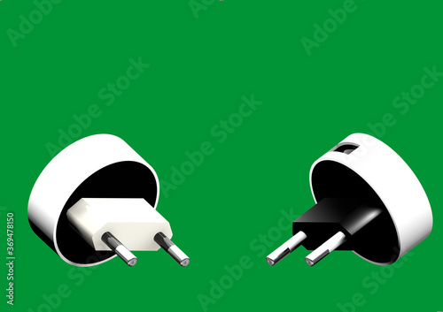 Couple white plug with usb connector for charging cell phones lie on black background.