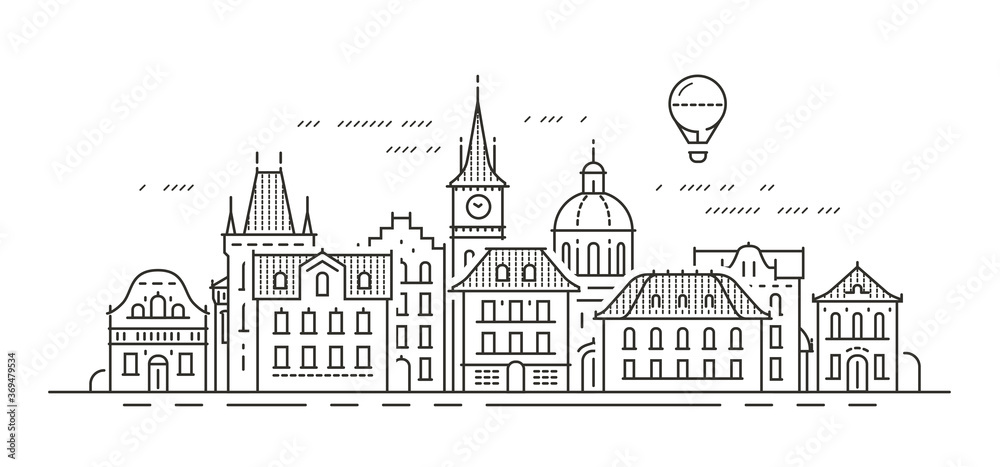 Cityscape with historic buildings. Town, city vector illustration