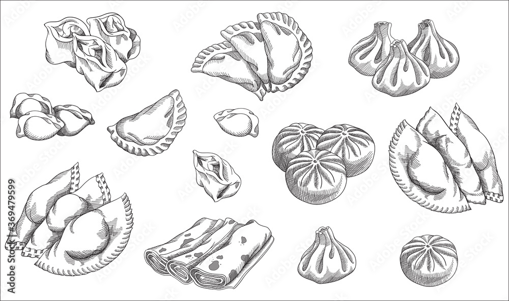 Vector illustration of different dumplings types and styles. Manty, meat dumpling, pelmeni, jiaozi, pyanse or pigodi, khinkali, ravioli, pancake, crepe, Pierogi or varenyky. Vintage hand drawn style.