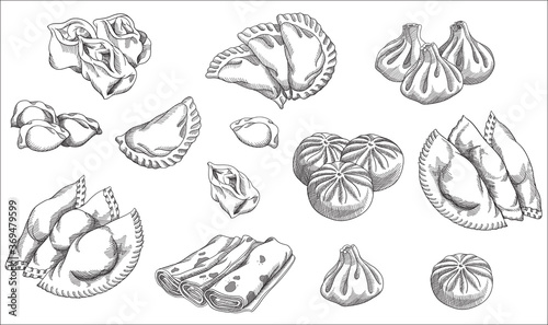 Vector illustration of different dumplings types and styles. Manty, meat dumpling, pelmeni, jiaozi, pyanse or pigodi, khinkali, ravioli, pancake, crepe, Pierogi or varenyky. Vintage hand drawn style.