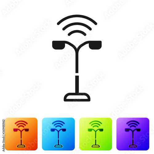 Black Smart street light system icon isolated on white background. Internet of things concept with wireless connection. Set icons in color square buttons. Vector.