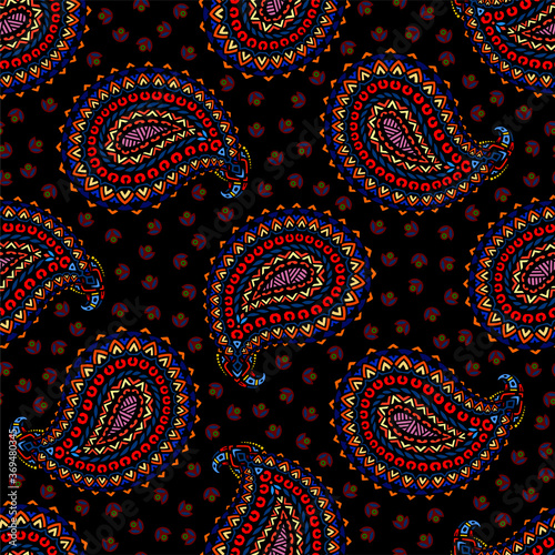 Seamless pattern based on traditional oriental paisley elements, Indian, Turkish, Persian cucumber. Suitable for textiles, fabrics, wallpapers, wrapping paper. Vector illustration.