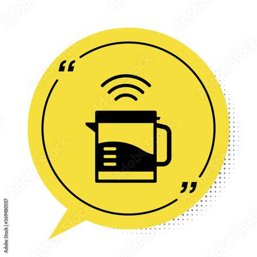 Black Smart electric kettle system icon isolated on white background. Teapot icon. Internet of things concept with wireless connection. Yellow speech bubble symbol. Vector.