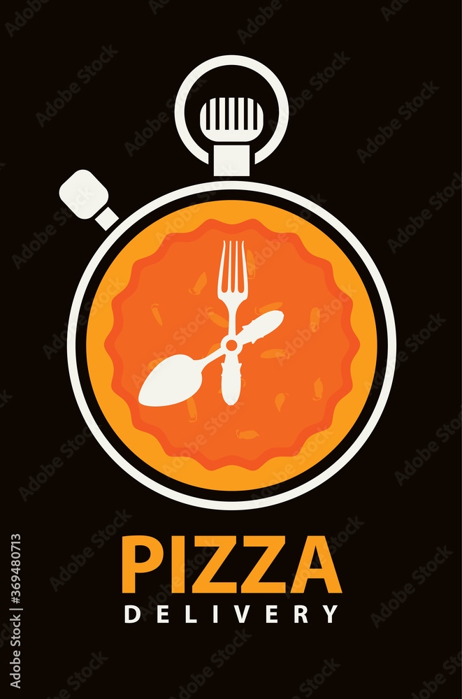 Creative banner for a pizzeria on the theme of pizza delivery in flat style. Vector illustration with stopwatch and decorative image of orange pizza on the black background. Creative banner for a pizzeria on the theme of pizza delivery in flat style. Vector illustration with stopwatch and decorative image of orange pizza on the black background.
