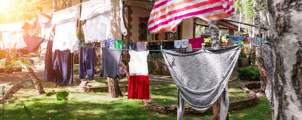 Domestic real life scene of many children and adult fresh clean washed clothes hanged on birch tree clothesline with pins. Home yard on bright sunny summer day outdoors. Lifestyle backyard garden