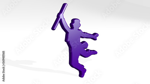 HAPPY MAN WITH CLASSIC HAT AND STICK from a perspective with the shadow. A thick sculpture made of metallic materials of 3D rendering. background and illustration