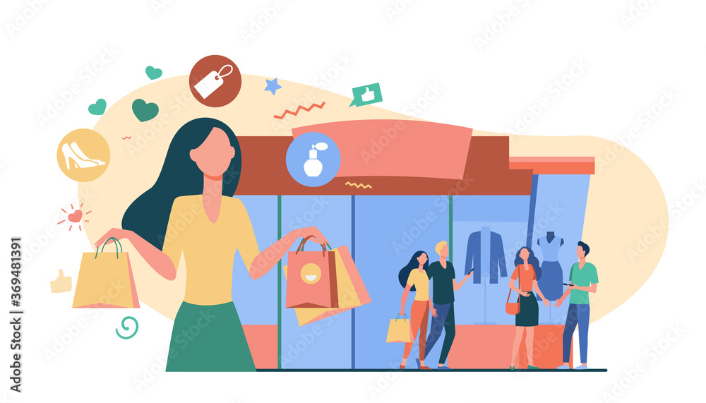 People standing at fashion store windows. Trendy woman carrying shopping bags from boutique. Vector illustration for fashion outlet, retail store, sale season concepts