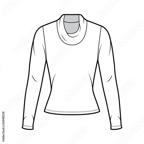Cowl turtleneck jersey sweater technical fashion illustration with long sleeves, close-fitting shape. Flat outwear apparel template front, white color. Women, men, unisex shirt top CAD mockup © Vectoressa