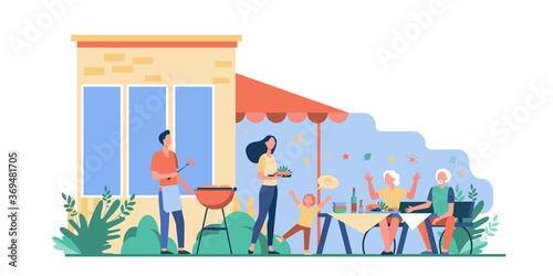 Family barbecue party. Happy mother, father, grandparents and kid cooking bbq meat and having dinner in backyard. Vector illustration for weekend, leisure, picnic, togetherness concepts